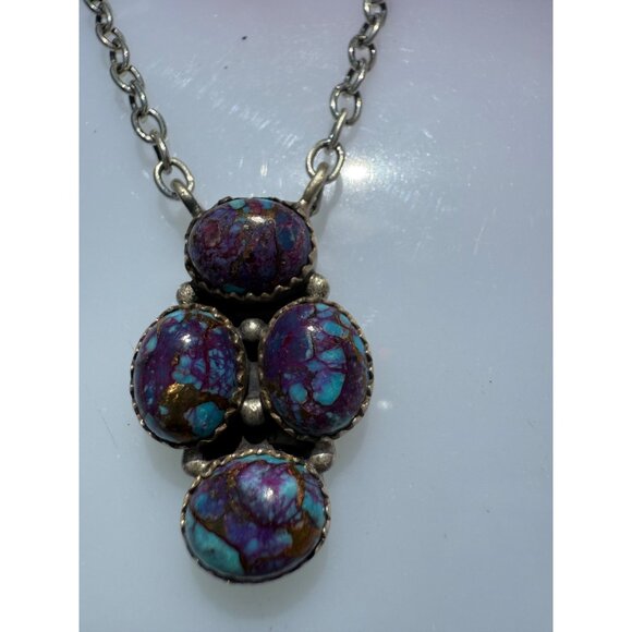 Artisan Sterling Silver Cluster Purple Mojave Turquoise Coper Chunky Necklace - Picture 11 of 13